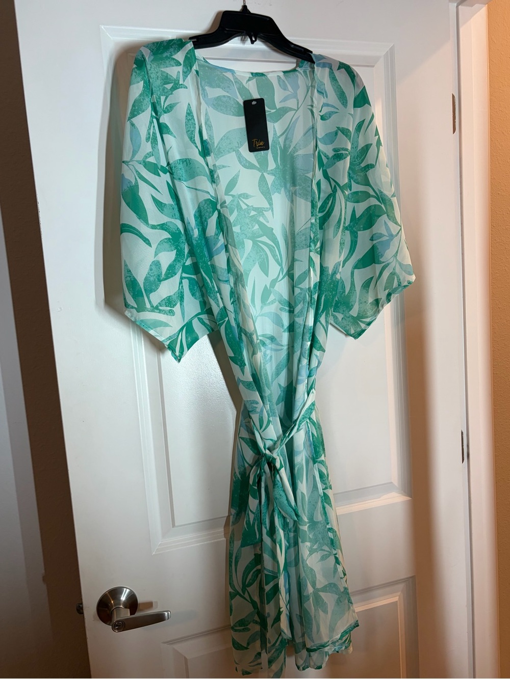 Lightweight Green Leaf Print Swim Coverup with Tie
